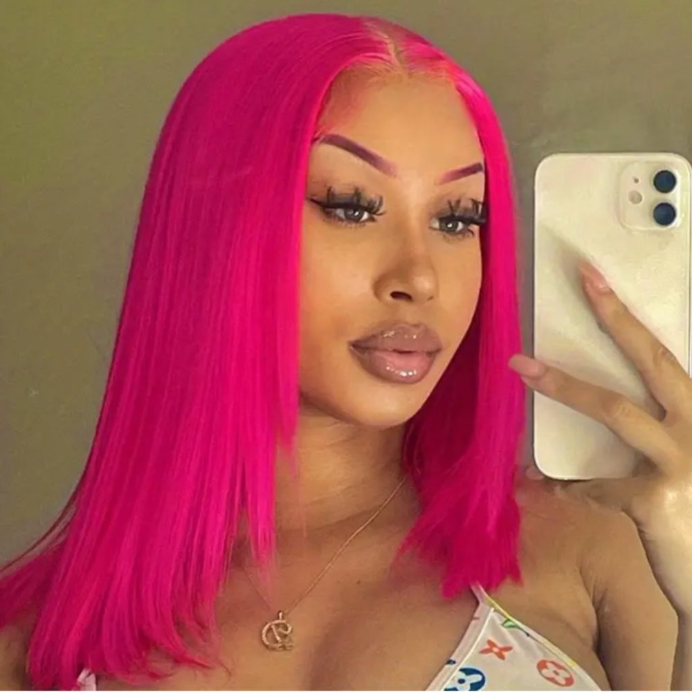 Hot Pink Short Straight Bob Wigs 13x4 Lace Front Human Hair Wigs